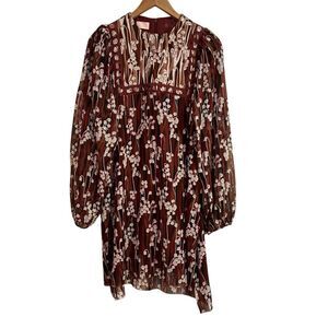 Giamba Paris Bohemian Floral Burgundy Brown SheerLong Sleeve Retro Dress Small